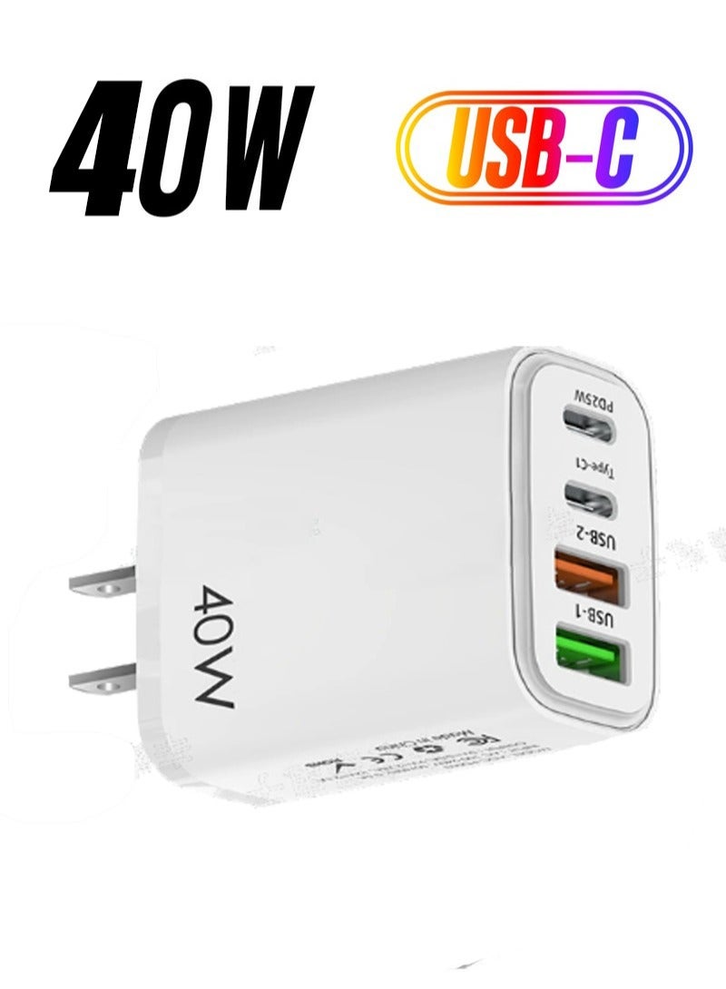 Arabest 40W Fast Charger with 4 Ports, 2USC+2USB Multiport Charger Block for Multiple Device, 40w Fast Charging Wall Charger, 4 Port Travel Charger Fast Mobile Charger Adapter (White, US) - Image 1